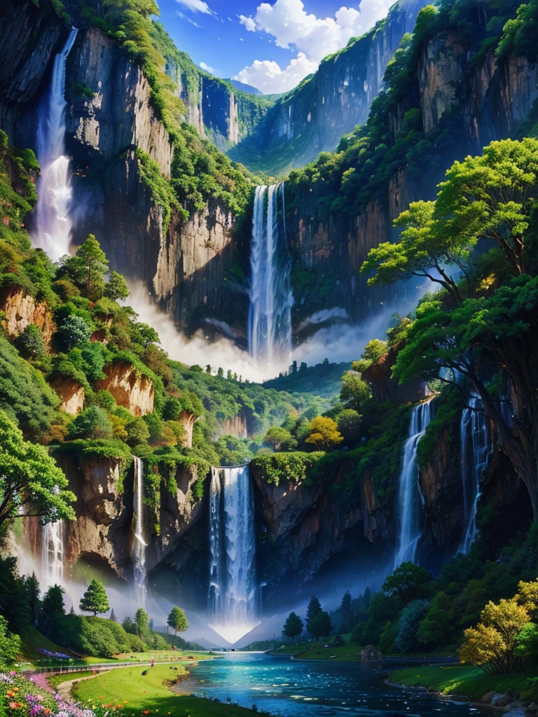 a massive field of giant flowers, a towering ginkgo tree, mystical, fantastical, massive waterfall, beautiful scenery, grand vista, gorgeous river, paradise, dream world, rainbow in the sky, otherworldly, romantic, perfect