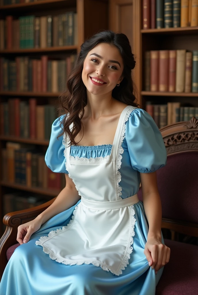Brunette influencer, Cosplay as Belle in her blue satin panties and white apron outfit, sitting down on an old victorian bench with a stack of books on it, pulling up her dress revealing cute cotton panties, cute smile