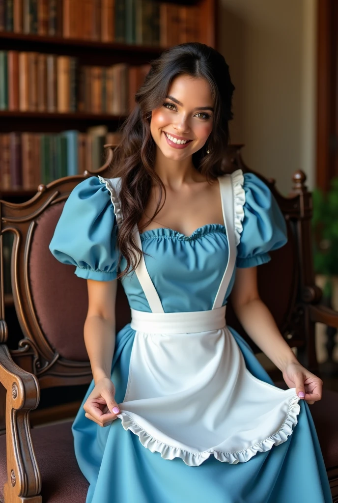 Brunette influencer, Cosplay as Belle in her blue satin panties and white apron outfit, sitting down on an old victorian bench with a stack of books on it, pulling up her dress revealing cute cotton panties, cute smile