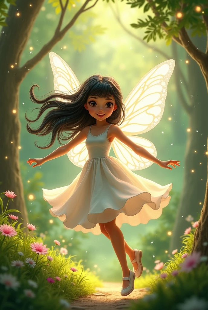 Fairy with black hair and brown eyes, wearing a white mid-length dress and white shoes, with round white butterfly wings, beige skin, and a body shape from the Winx Club cartoon.