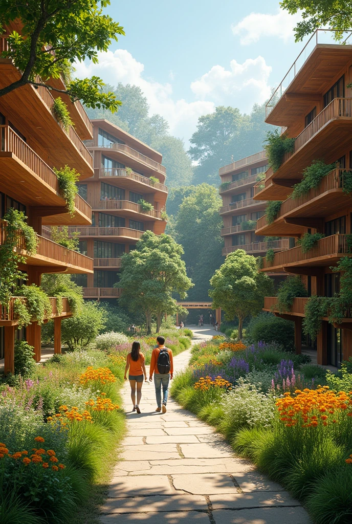 university campus in a solarpunk reality with wooden architecture