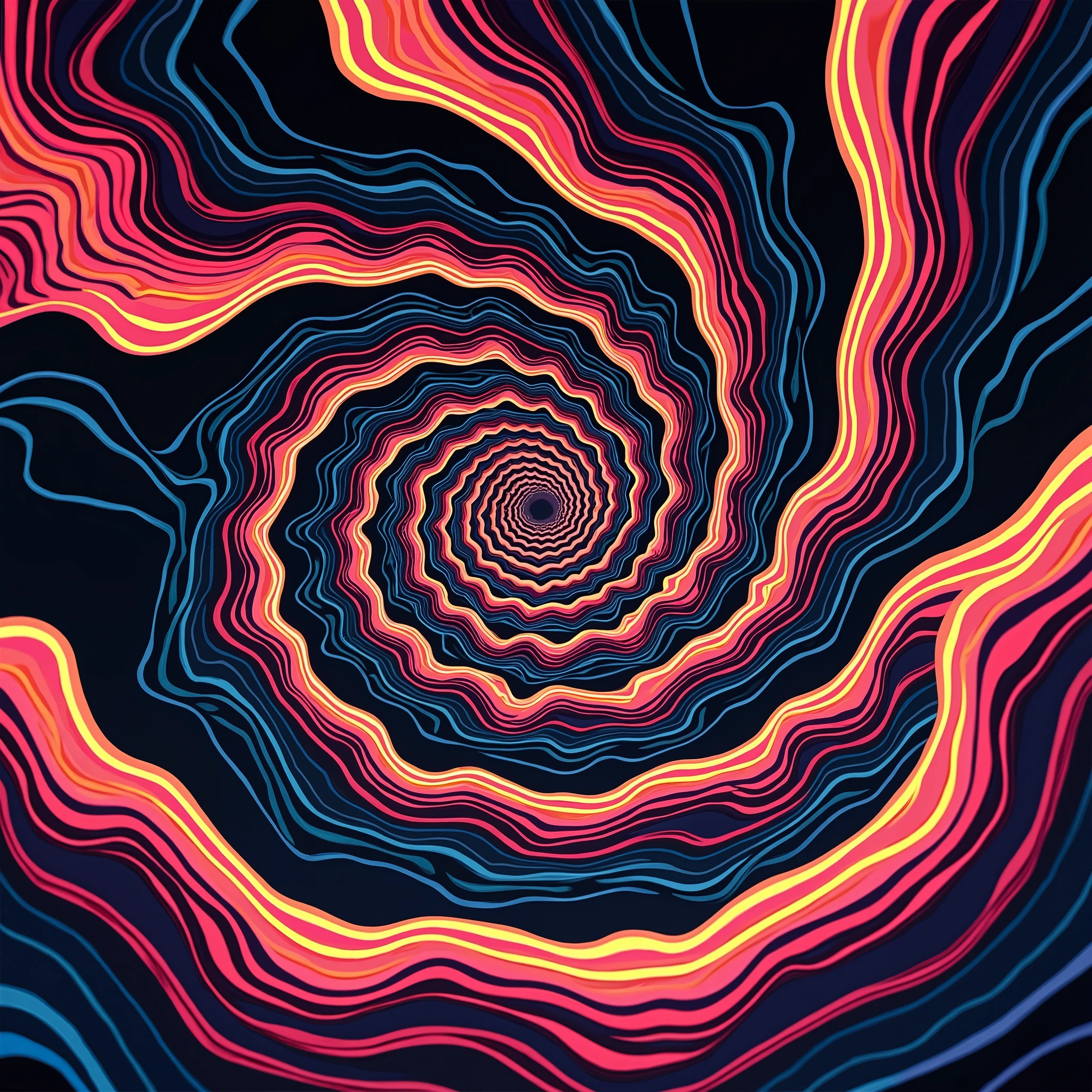 wavy and spiral patterns in neon colors, referring to the art of the 60s and 70s, creating a vibrant and mesmerizing look