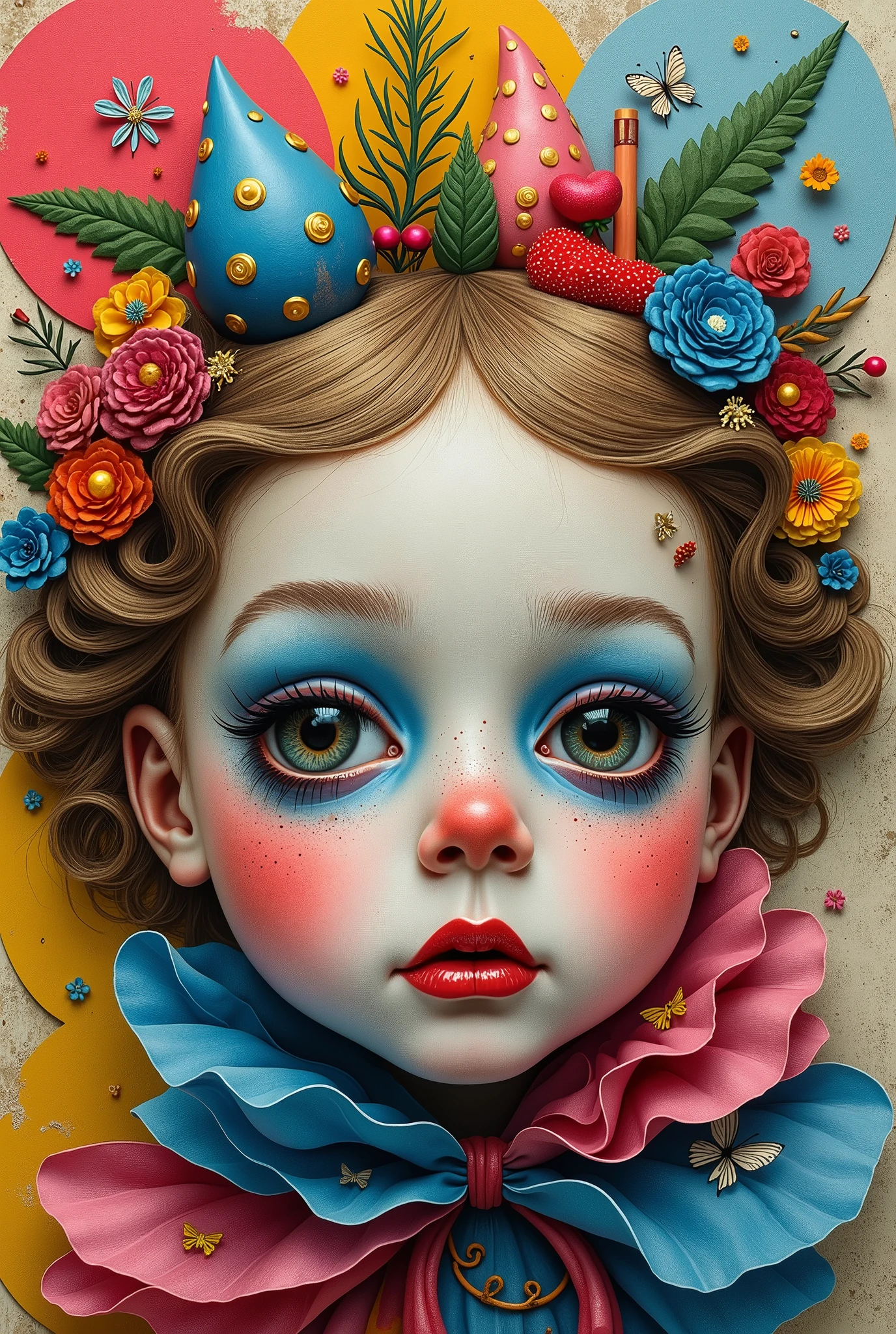 lewis carrol, Alice in Wonderland, Surreal and strange dislocation art：Collage，There are many different things on the faces，neon colors playground toys，Geometric Dislocation，Collage,Hollow，Artistic sense，Painting，paint，Simple, children playing infants girls and boys
