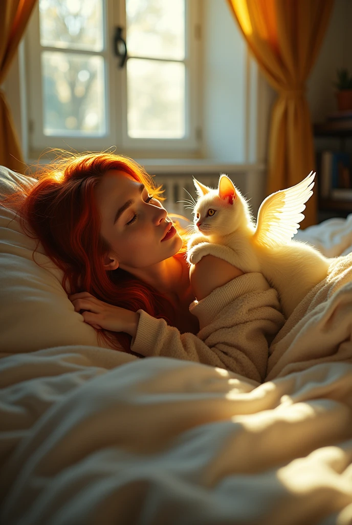 Realistic image of a woman with long red hair in her bedroom lying on the bed receiving a visit from the heavens from her yellow cat who has already passed away. The cat laid on her chest and she is petting it.. The cat is male, slender and yellow, yellow eyes and has angel wings like in a dream inside the room. The window is open.