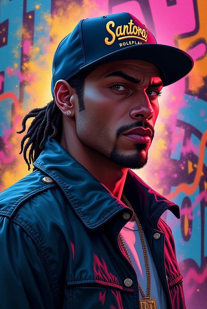 Profile picture with a gta Rp character with graffiti backgrounds, wearing a cap with Santora Roleplay writing, masculine