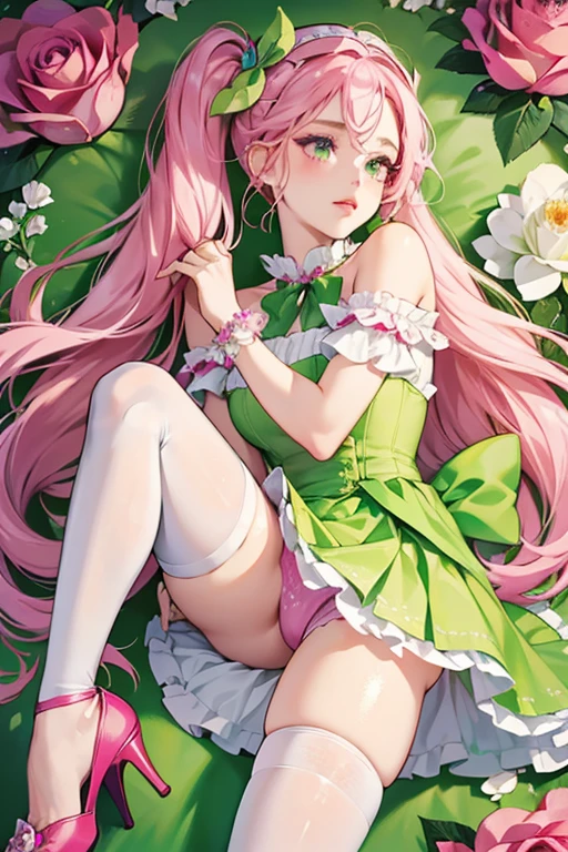 Her lips and eye-shadow are magenta and her eyes are pale chartreuse. Her hair is entirely pulled up into thick pigtails, and her bangs are right swept with a chartreuse ombre on the curled tip. She now wears a green headband with leaf and alternating magenta and pale pink roses. She wears a pale pink top with hot pink roses covering her shoulder and a green skirt covered in white dots with the lower portion a hot pink scallop. Sewn to the corner is a red rose with leaf. Her tights are pale pink and she has hot pink rose heels with a vine wrapped around the leg. SPARKLE; GLITTER
