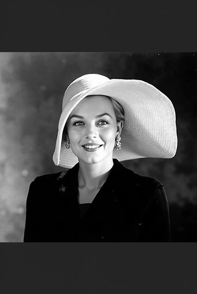 An 85K high definition image of a beautiful blonde woman with her hair tied up and light green eyes smiling for a photo on the street in New York City in the 1950s. In the background, New York City in the 1950s.