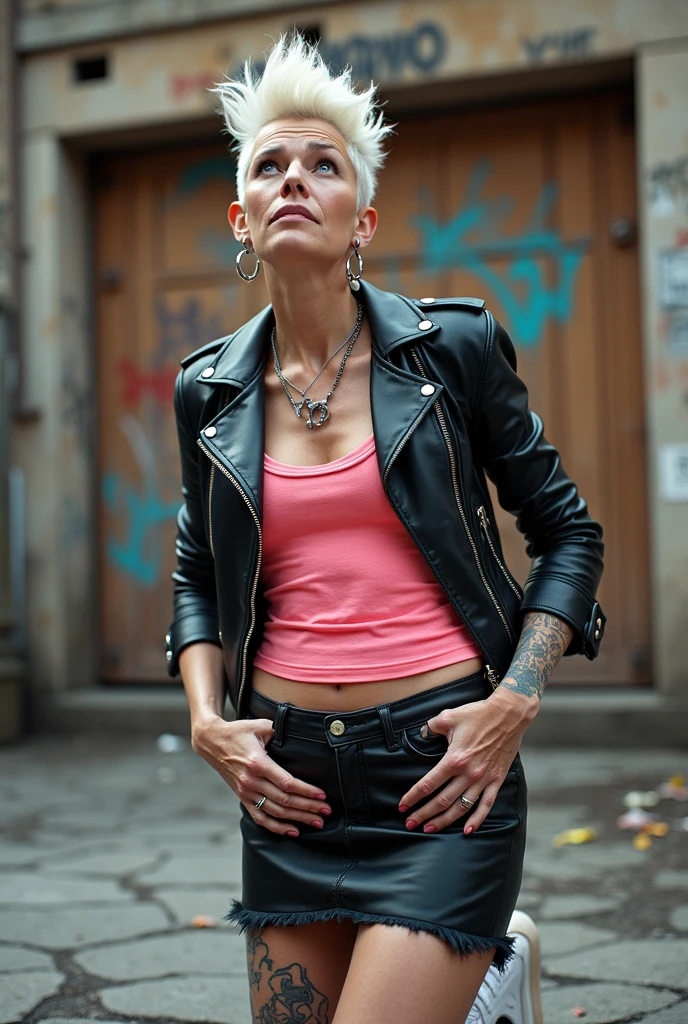 Old russian milf, platinum blonde hair, long, in pompadour style with shaved sides, with very light blue eyes, pale, lots of eye shadows. Wearing black moto jacket, cropped rock band tank top, black leather miniskirt and white tennis sneakers. Tacky wide leather belt, lots of rings and metallic braceles. Big loop earrings. Tattos. Kneeling on the street, praying and looking up. Point of view: seen from above