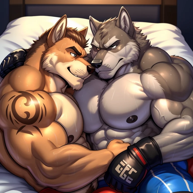 Duo male(Brown Wolf vs Gray Wolf), handsomes(handsome hairstyle, Thick eyebrows, detailed face), gay(Lying down, cuddling, body with body, wrestling at each other, face to face, face close view, on a private bed match), hot(Shirtless), handsomes(They are handsomes, correct anatomy), musculosos(Big muscle bodies, Six packs, muscle abs, big pecs), sweaty(very sweaty wet bodies, shiny sweat), tatuajes(they have tattoos), grumpy(Both have an grumpy expression, grumpy teeths, steaming breath), UFC gloves(They both are wearing UFC gloves), Hight resolution, by(Zourik:1.1)