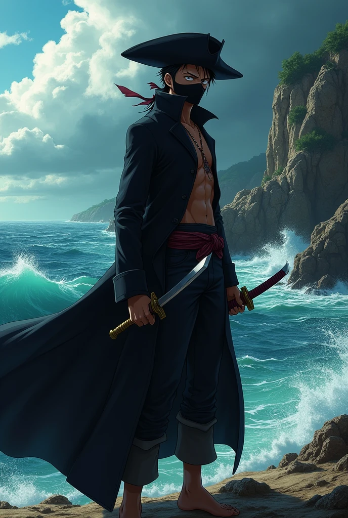 a male pirate from One Piece with short hair, 2 Katanas, a black hat, a black mask covering the mouth and a black overcoat