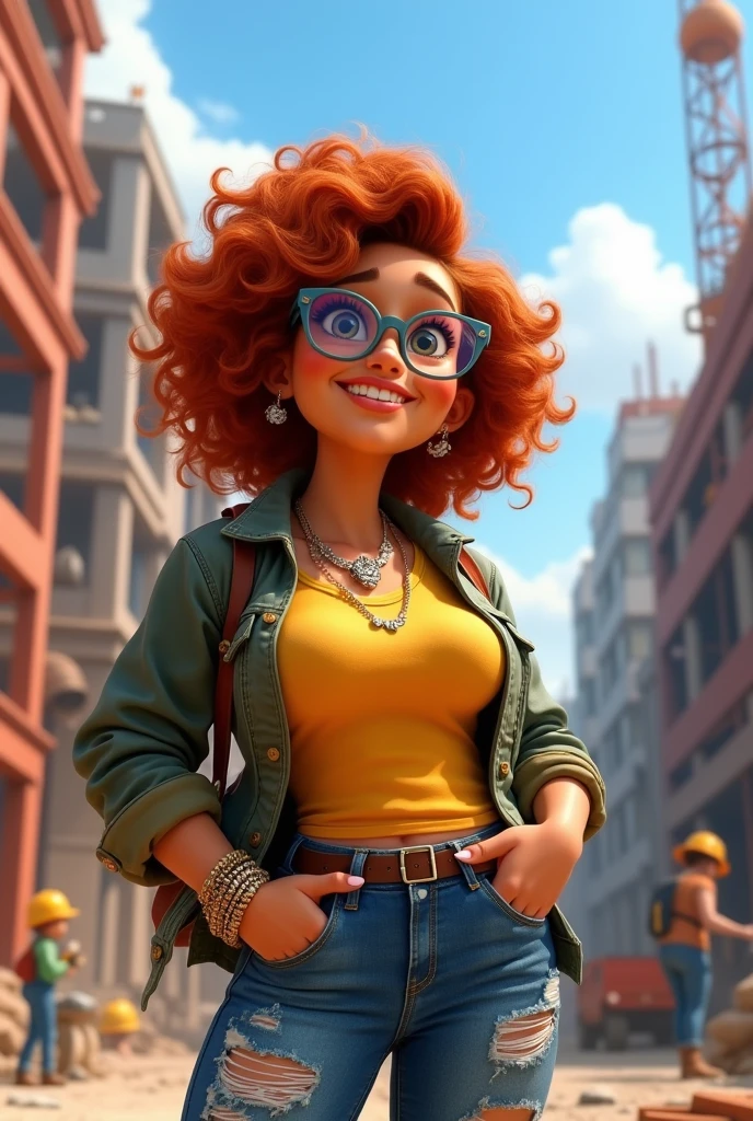 Chubby and chubby female architect, with medium short curly copper red hair at shoulder length, light brown skin, dark eyes and hipster glasses, with bracelets and nose piercing, with rockstar style bag, ripped denim jeans, wearing a yellow shirt and a canvas jacket over it, open, and construction boots, Standing at a construction site, version Disney Pixar Cartoon