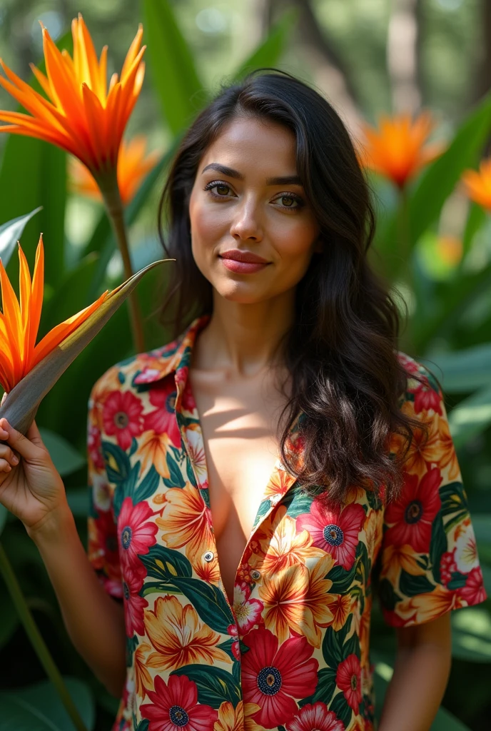 A Brazilian woman in a lush tropical garden, wearing an open shirt with a floral print, with a close-up capturing the harmonious beauty between her breasts and the natural flowers, showing off your natural charm and outgoing personality.