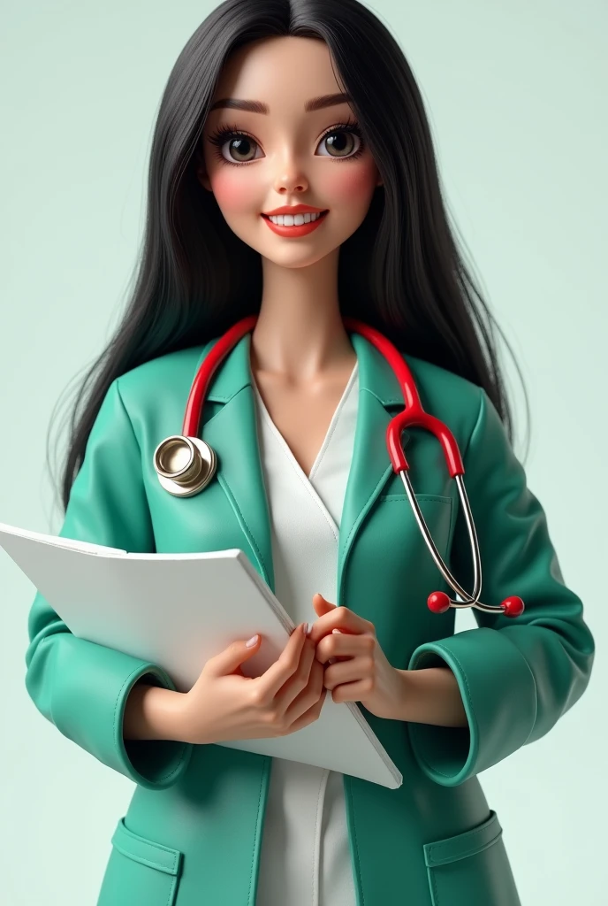 Create a full-body nurse doll with black fur, black eyes, straight black hair reaching the shoulders, holding a clipboard in her hand, with a red stethoscope around her neck, wearing a green lab coat with a white robe over it, in high quality with a transparent background. 