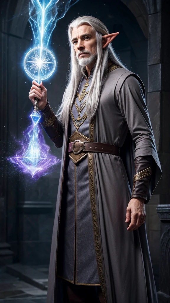 wizard, elf, male, magical, gray hair, in wizard clothes, man, beautiful, adult.