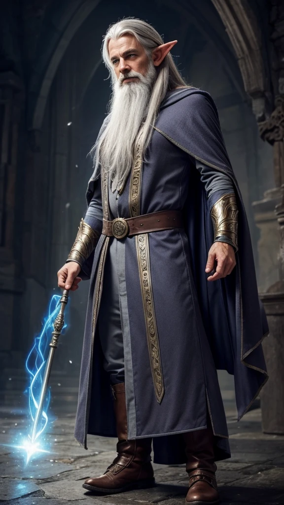 wizard, elf, male, magical, gray hair, in wizard clothes, man, beautiful, adult.