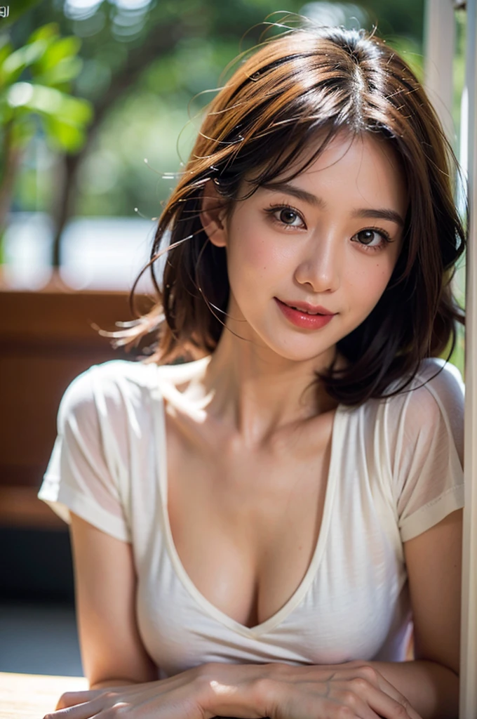 1 girl solo, (8k, RAW photo, best quality, masterpiece:1.2), (realistic, photo-realistic:1.4), (extremely detailed CG unity 8k wallpaper), (blurry_background:1.3), blurry_foreground, depth_of_field, (ultra-detailed), (best illustration), (best shadow), ultra-high res, close-up photo, (detailed face:1.4), makeup, beautiful eyes, good-looking, shy-smile, Medium Hair, upper body, (Short-sleeved shirt,jeans), slim, perfect skin, Asian, standing,cafe, natural Light