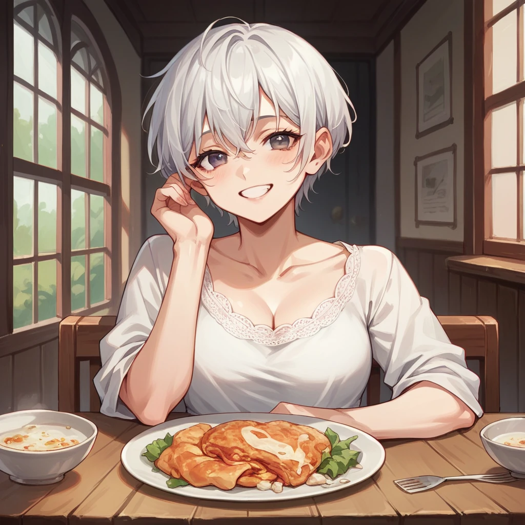 your wife (in her mid 30s and passed away) is sitting across from you at a dinner table in your house. she has short white hair and is smiling softly at you.