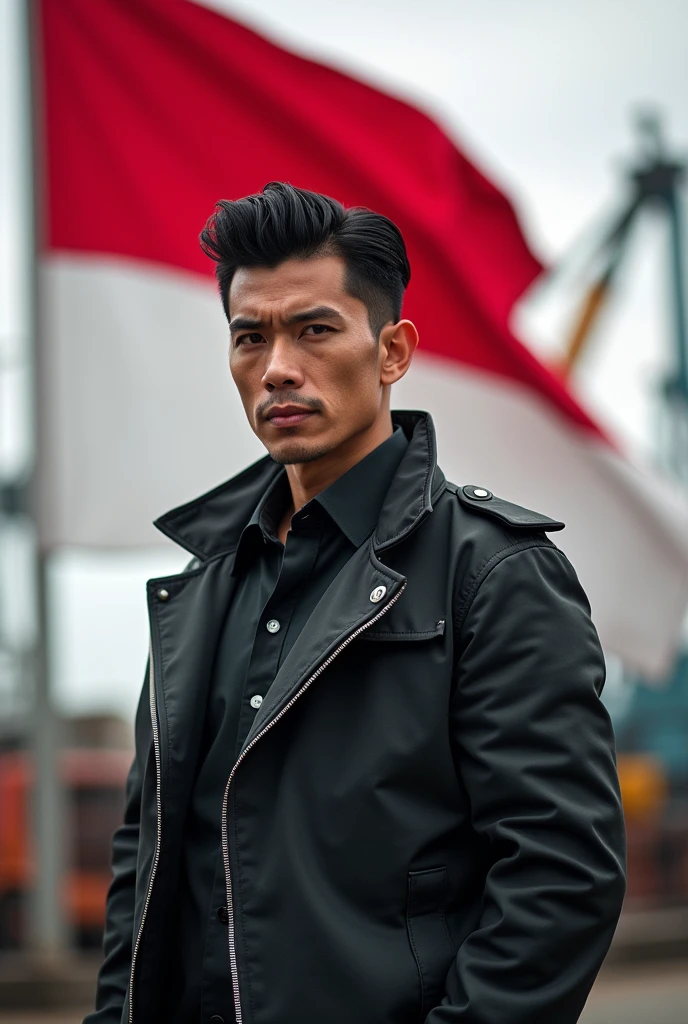 gentleman black hair, modern jewish man, masculine face, straight focus, industrial outfit, in front of Indonesia flag