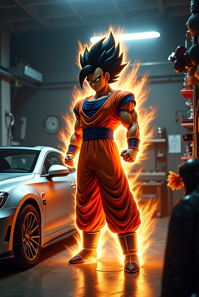Create Vegeta in Super Saiyan 4 Create a car in the HB20 sedan brand with silver year 2020 in a home garage
