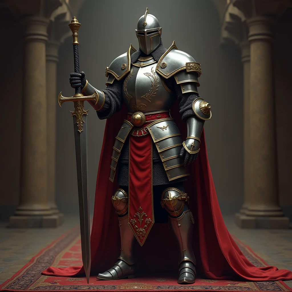 (Highest quality,4K,8k,High resolution,masterpiece:1.2),Very detailed,(Realistic,Realistic,Photorealistic:1.37),A warrior in armor stood in the hall brandishing a sword., Full-body portrait of a mysterious knight, Wearing heavy armor,Sacred warrior wielding a legendary sword, Mythical warrior in full plate armor, Knight in sacred armor,Concept art of a glorious figure, crimson armor knight, Grand Paladin's armor, holy medieval knight, Get down on one knee, propose, Full Body Shot.