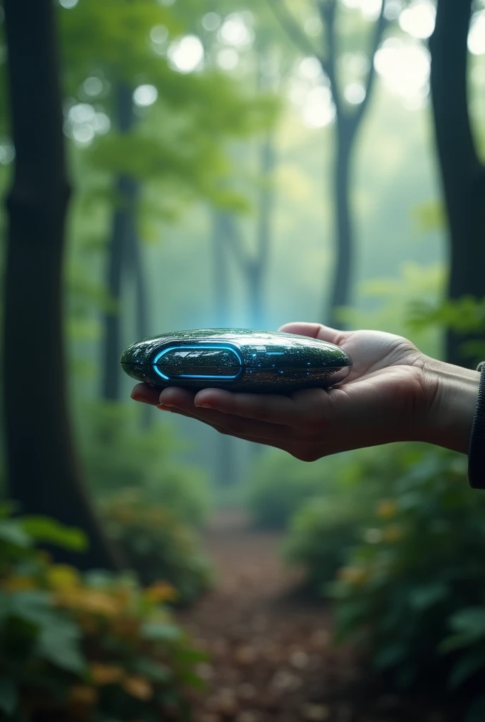 futuristic electronic object ,Holding with one hand, ,blurred forest background