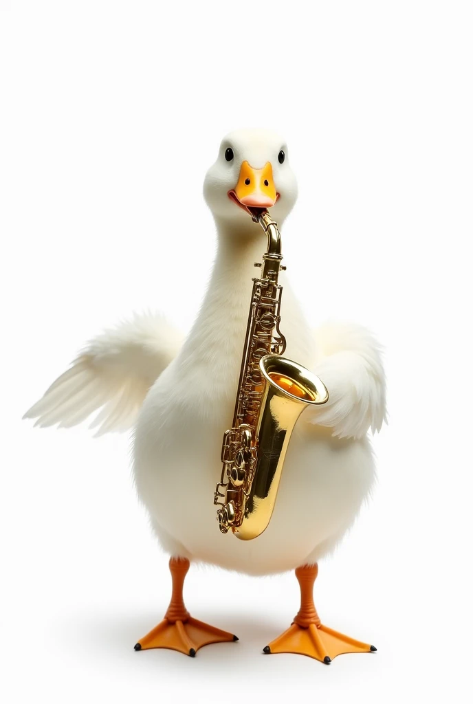 White duck drawn on a white background holding a saxophone with its wings