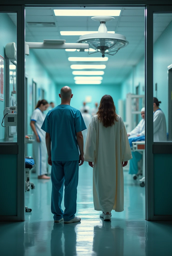 A young bald man standing at the entrance of the operating room in a hospital accompanied by Jesus. It should be noticeable that it is a hospital. 
 