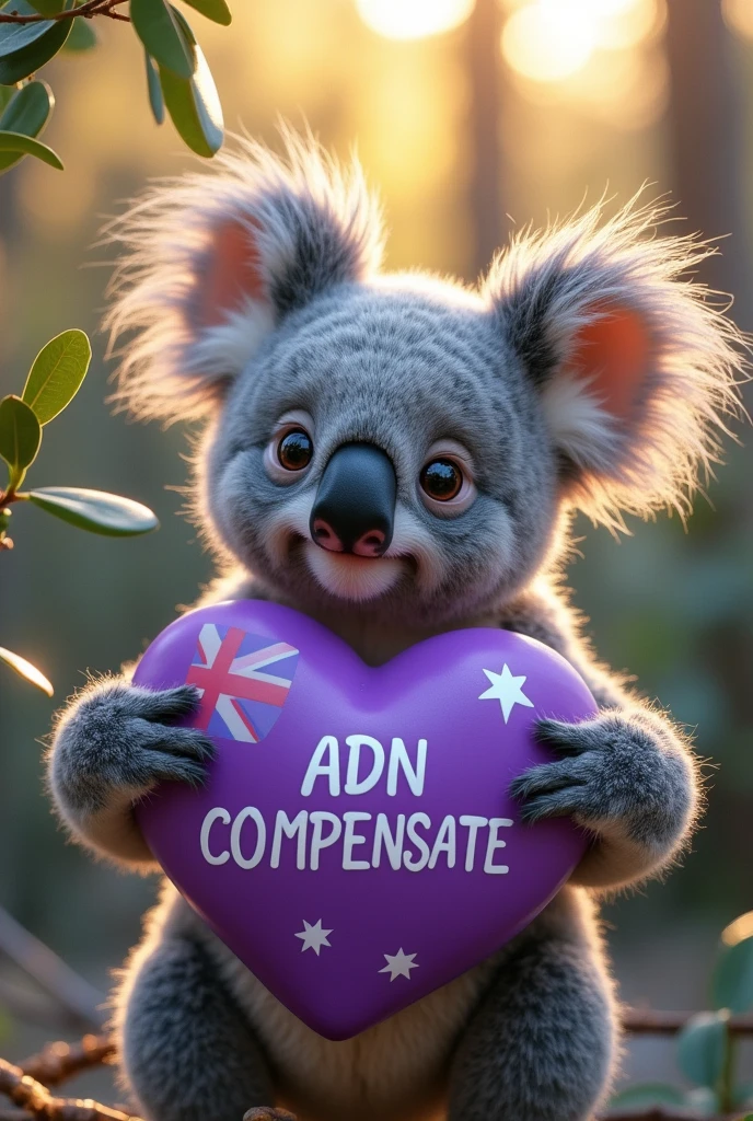A cute Koala hugging a purple heart that says ADN COMPENSATE and the Australian flag in the background