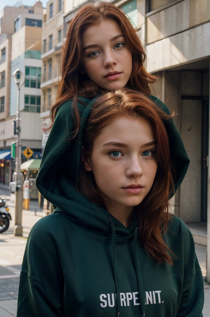 (beatiful,very realistic,-yeld,,gn eyes,redhead,realistic perfect face,more details in face and clothing)She wearin black hoodie in city streets