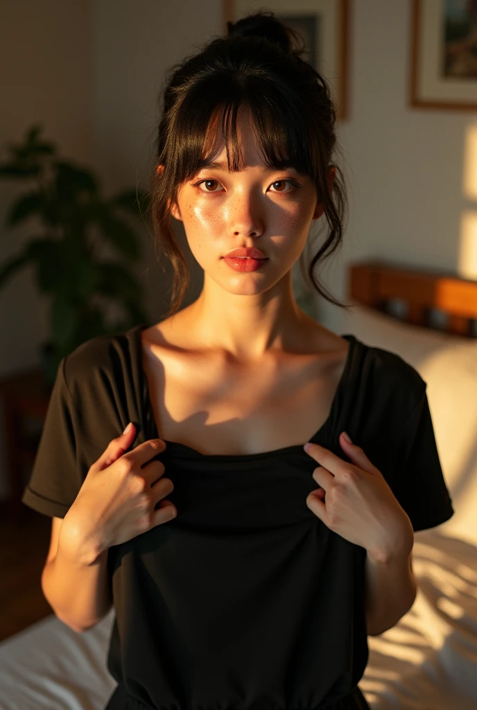 (semirealism:1.2), shoot from the upper angle, inside apartment, bed in the background, golden hour, beautiful woman, freckles on face, pale skin, jet black hair, ponytail without bangs, short ponytail, black eyes, black milkmaid dress, warm color, cheerful face, youthful face, holding a black t-shirt