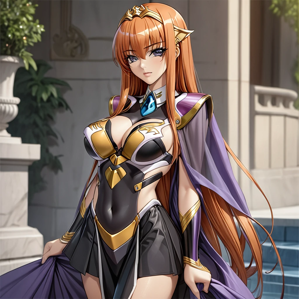 ((Highest quality)), ((masterpiece)), (detailed), (Perfect Face)、The woman is Maya Cordelia, with medium-long orange hair and wearing a black Taimanin suit with gorgeous gold embroidery and trim.