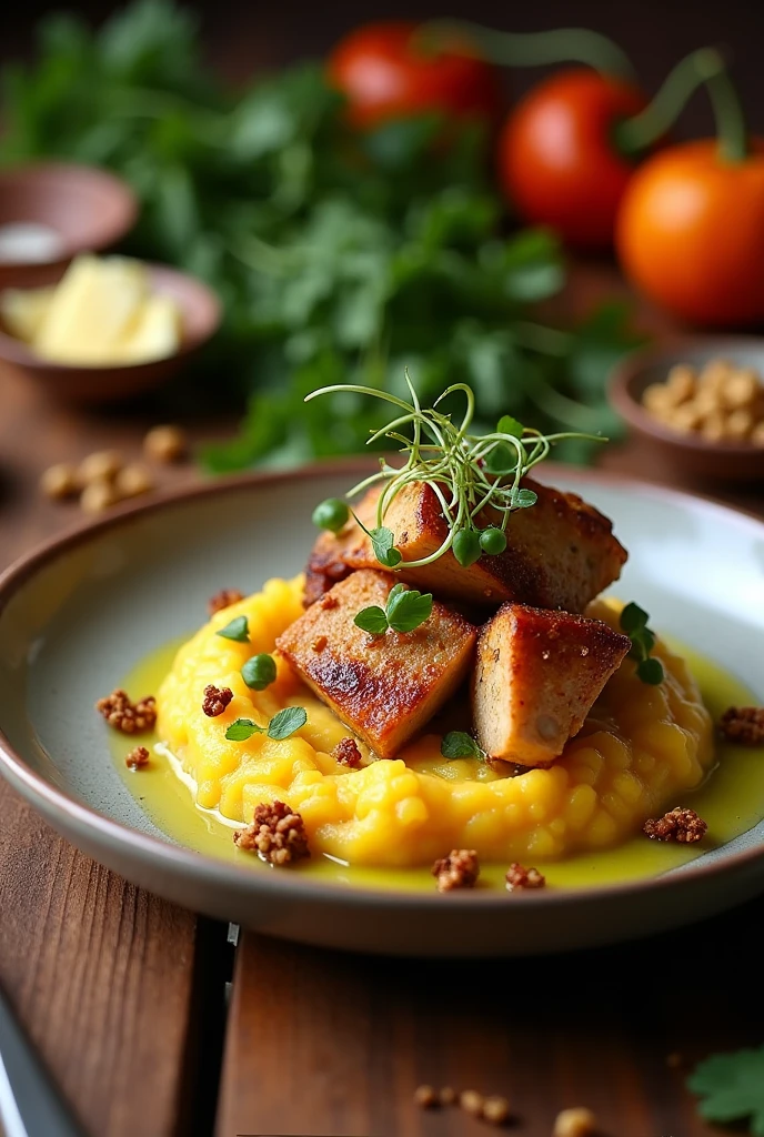 A solid innovative dish of modern cuisine inspired by a Chilean chicken casserole, for example mashed potato and squash