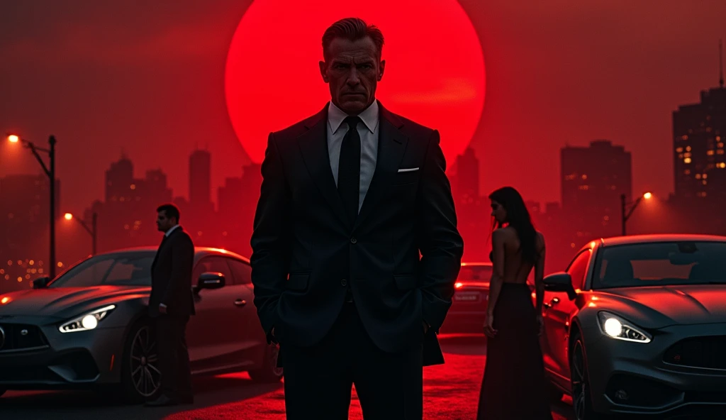A powerful, intimidating Mafia Boss stands in the center, his sharp suit immaculate and his eyes filled with a mix of cold calculation and hidden pain. Behind him, the city skyline looms under a blood-red sky, with shadows of gunmen and luxury cars fading into the darkness. To one side, a mysterious woman is partially hidden in the shadows, hinting at a deep connection and a dangerous secret. The title, written in bold, gritty lettering, hovers above, with the tagline below: ‘In the world of power and betrayal, nothing is as it seems.