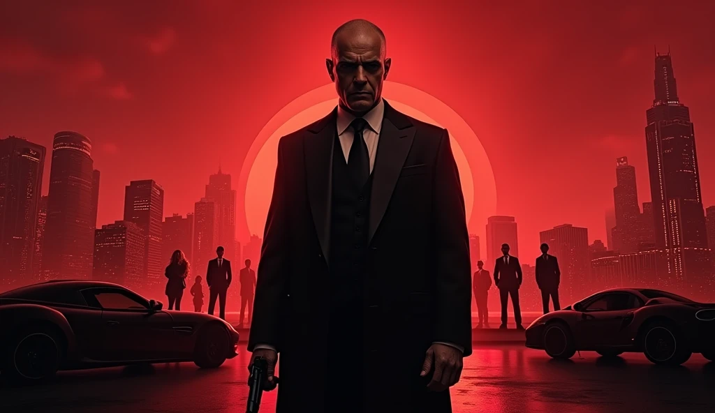 A powerful, intimidating Mafia Boss stands in the center, his sharp suit immaculate and his eyes filled with a mix of cold calculation and hidden pain. Behind him, the city skyline looms under a blood-red sky, with shadows of gunmen and luxury cars fading into the darkness. To one side, a mysterious woman is partially hidden in the shadows, hinting at a deep connection and a dangerous secret. The title, written in bold, gritty lettering, hovers above, with the tagline below: ‘In the world of power and betrayal, nothing is as it seems.