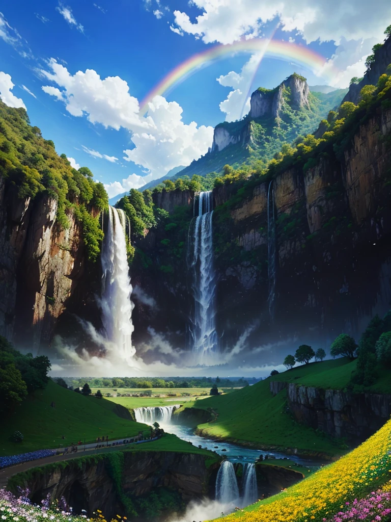 a massive field of giant flowers, a towering ginkgo tree, mystical, fantastical, massive waterfall, beautiful scenery, grand vista, gorgeous river, paradise, dream world, rainbow in the sky, otherworldly, romantic, perfect