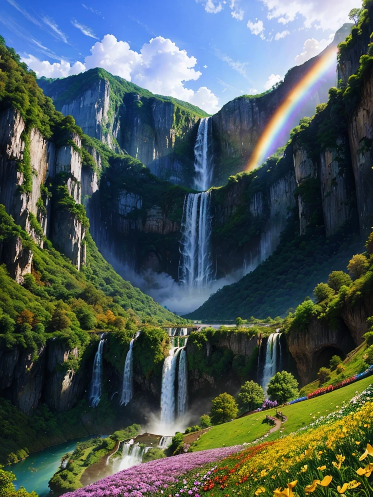 a massive field of giant flowers, a towering ginkgo tree, mystical, fantastical, massive waterfall, beautiful scenery, grand vista, gorgeous river, paradise, dream world, rainbow in the sky, otherworldly, romantic, perfect