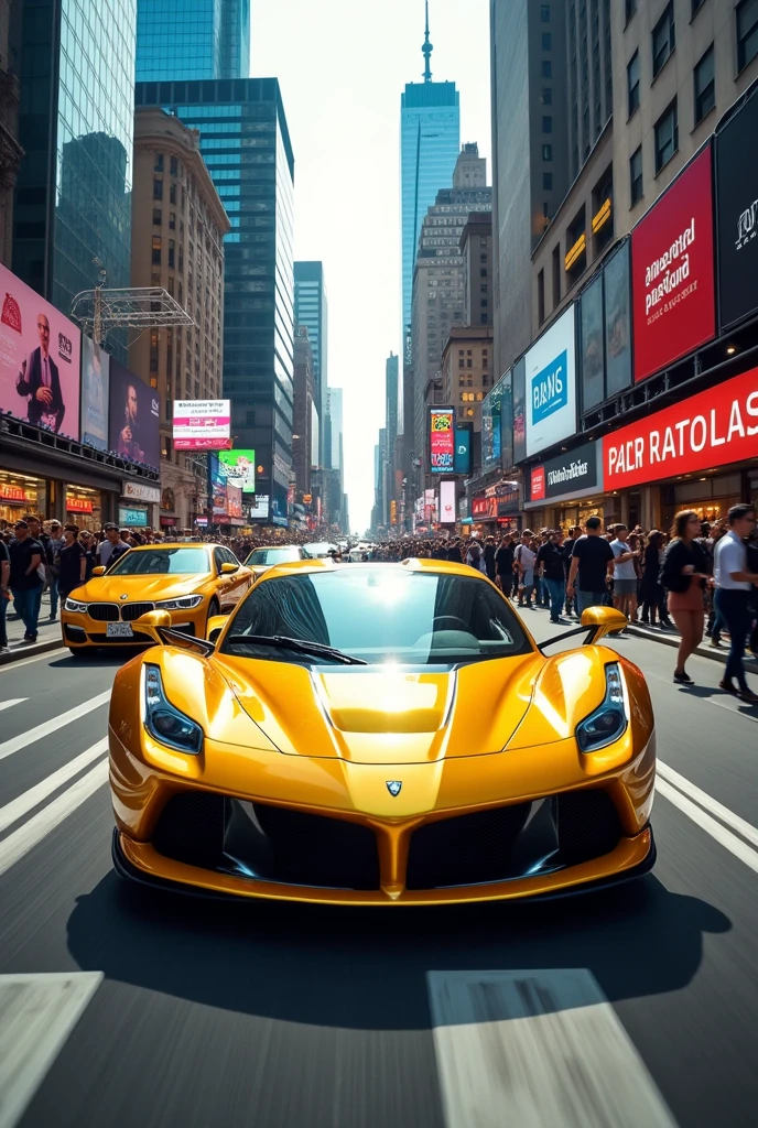 A golden car on a busy street