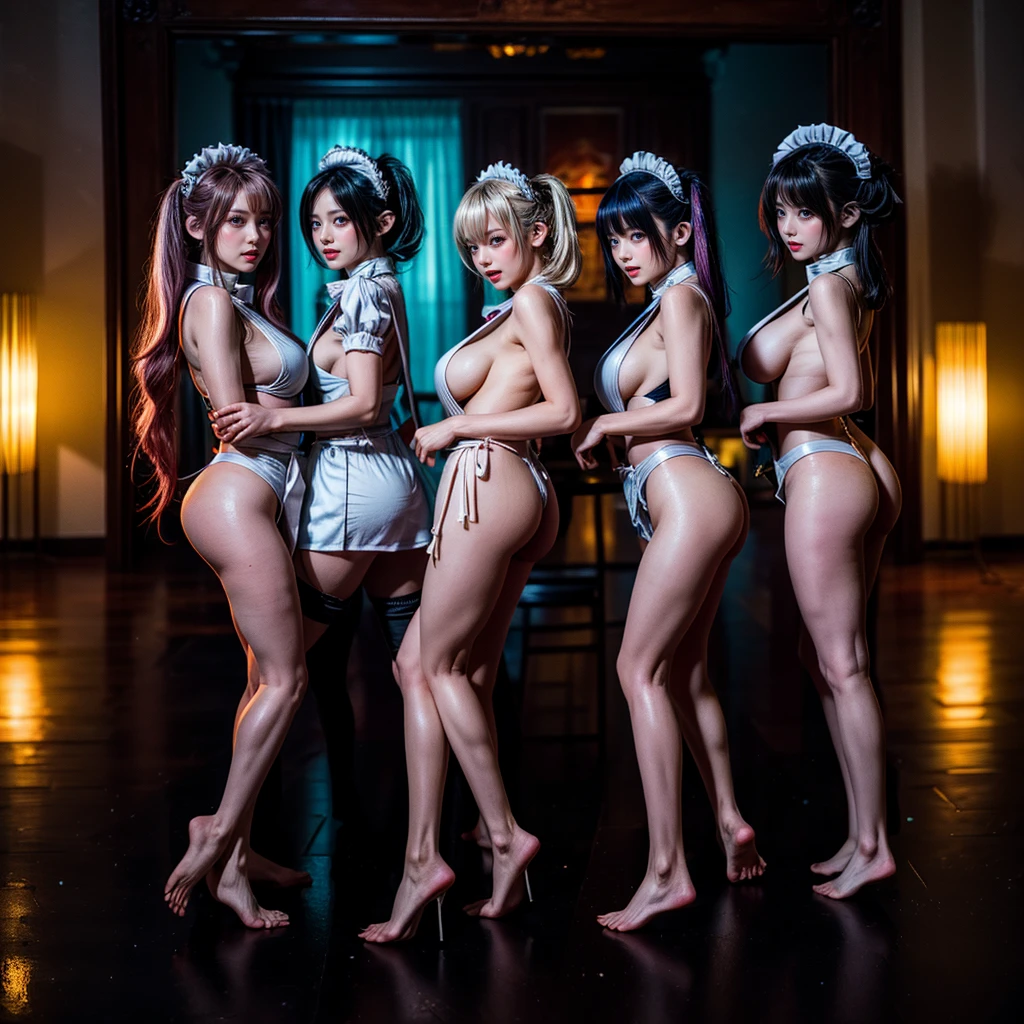 (Full Body of Extremely Detailed((Sexy Maid Group in a row:1.37))), KAWAII perfect face, Reflective Eyes, Detailed(Delicate Clothing textures), Correct Leg Line, Dynamic Joyful Expressions LifeLike Rendering, Specular Reflection, TopQuality 8K Ultra-detailed masterpiece (ProfessionalPhoto:1.37), (Acutance:0.8), (Luminism:1.28), Renaissance art style, Colorful Light particles, ((Full body from side)), {MicroMini Skirt|Kissing|Breast Lifting|Undressing|Thigh Gap|AssFocus|(NakedApron with Overflowing SideBoob)|Reflectiv NippleSticker}, Radiant Fine Skin with Transparency, (Exposed:0.4), (Different types of Anime hair color){Pink Hair|Blue Hair|Platinum Blonde|Pure White Hair|Liquid Hair}, Perfect Lighting
