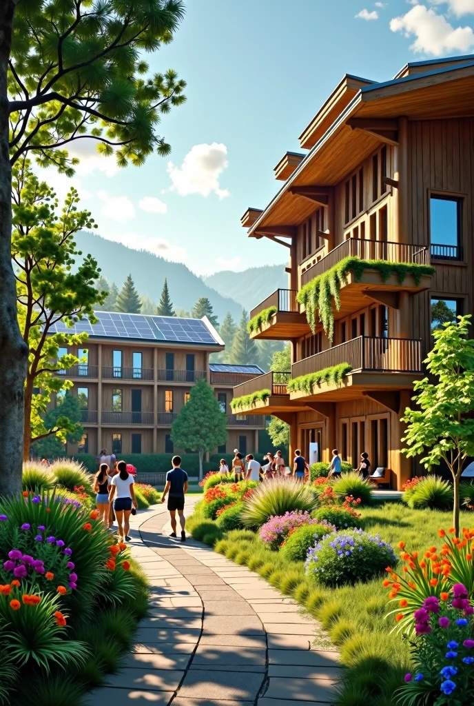 university campus in a solarpunk reality with wooden architecture