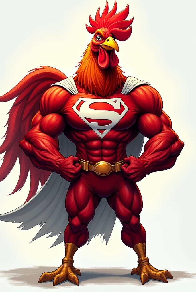 A muscular anthropomorphic rooster with red feathers, wearing a red and white superhero costume with a football logo, posing against a transparent background

