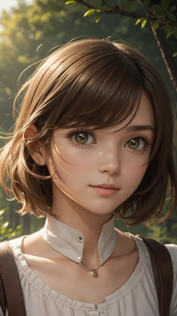 cry、"A single female character in a medieval style. She has short, shoulder-length hair. She has a youthful appearance, looking like she is in her late teens, but is in fact 30 years old. She has a bright, lively attitude, with an energetic, cheerful expression. Her face has an androgynous feel, almost boyish, with soft, youthful features. Her hair is short and practical, with a natural brown color. She is slender, with a small chest and short stature. Her outfit is practical and resembles that of a country boy, consisting of shorts and a simple shirt, in a natural earth color palette. The background should be a lush, forested landscape. The background should be strongly blurred."