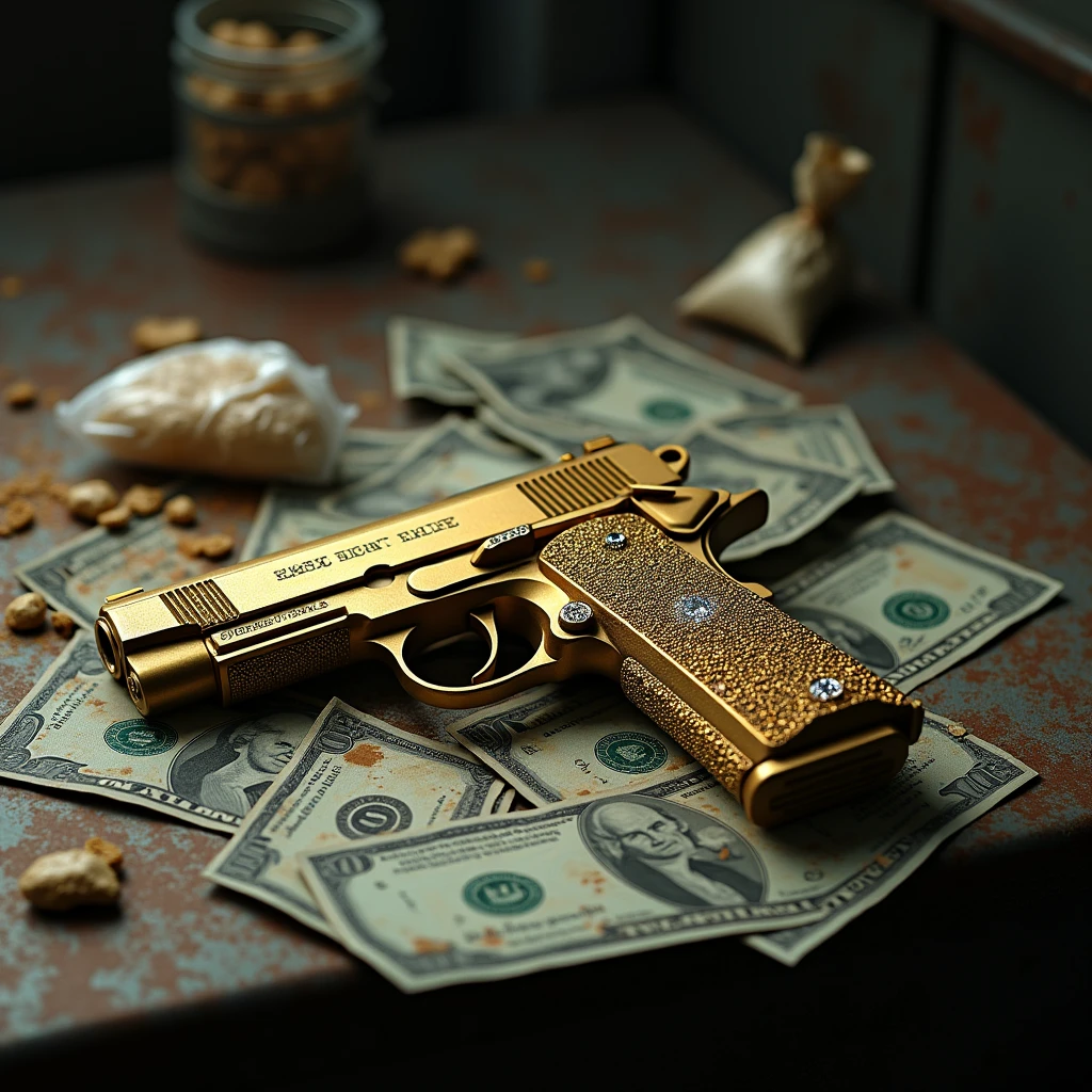 Flat top view of an old and dirty metal table with some rusty details, with dollars (a few dents or tears), a golden desert eagle with details studded with small diamonds, several lines of cocaine, small bags of cocaine torn apart. Blood and cocaine scattered around the scene, blood staining some dollar bills.