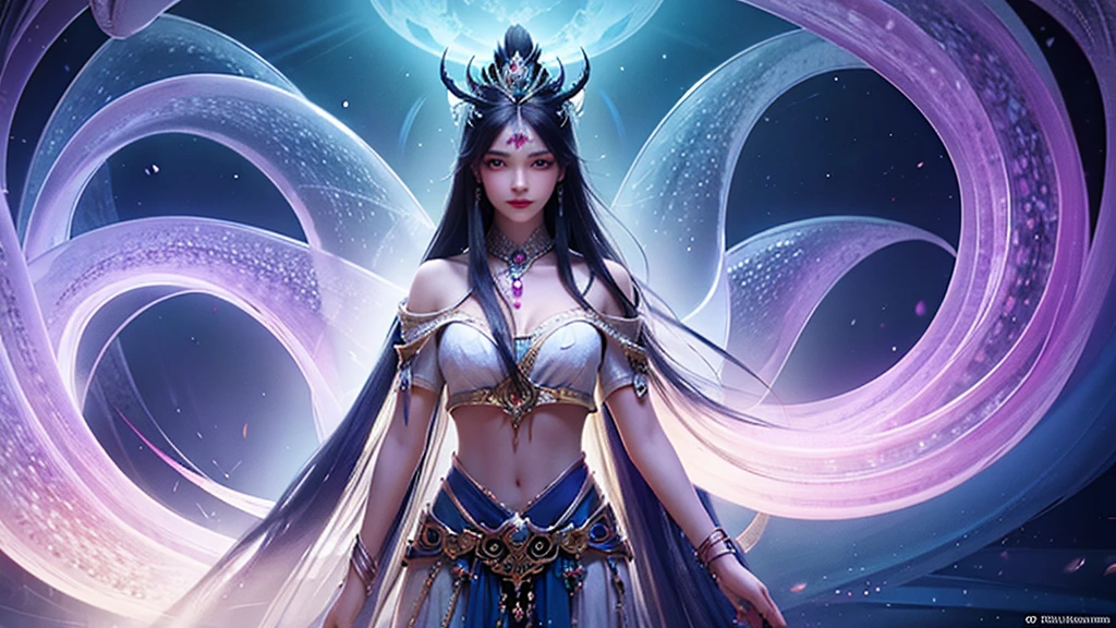 A stunning surreal illustration featuring an Aztec queen and her mist-shrouded vampire kingdom, rendered in mesmerizing bioluminescent neon watercolor hues, reminiscent of an ethereal dreamscape, bathed in a canvas of crystals, evoking an air of mystical opulence. The ancestral silhouette portrait, glows with an otherworldly luminescence, radiating an aura of enchantment. This ultra-high-resolution masterpiece embodies a harmonious blend of mystical realism and fantasy, pulsating with iridescent hues of blue, violet, and green, inviting the viewer to step into her mystical realm.
