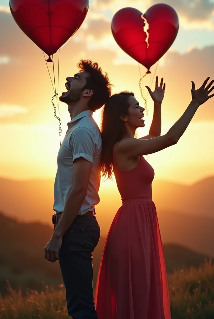Create an image of a man and a woman screaming in pain, crying and shouting. The message is free from emotional abuse. Break the cycle of violence. Ambos libres de sus cadenas ⛓️ alzando los brazos.
Their red hearts are broken and both sad. Clear image not dark.