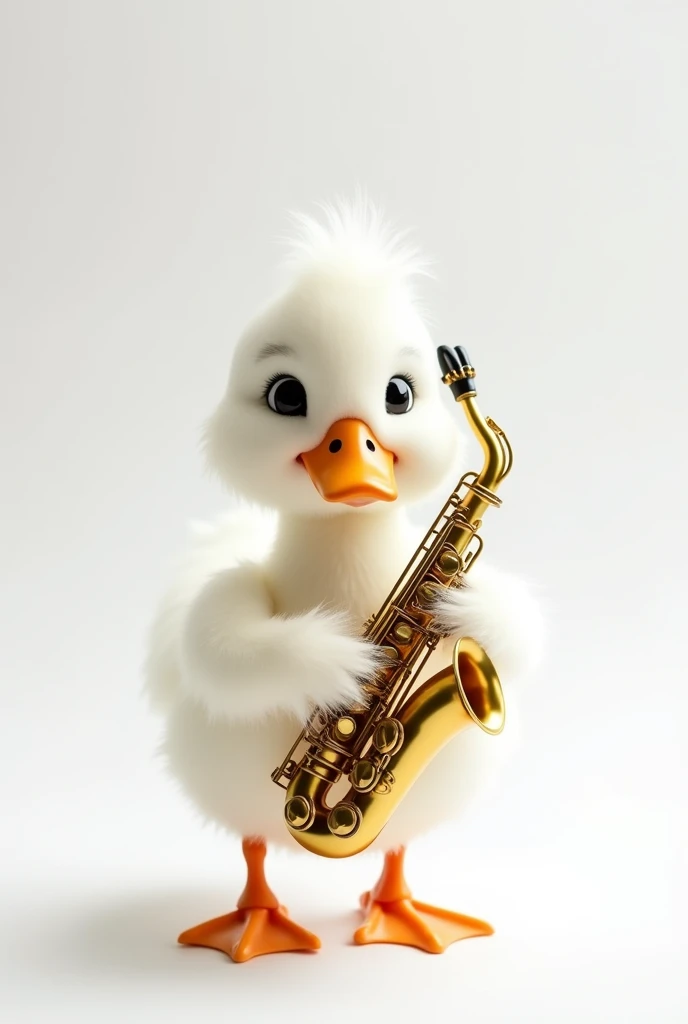 White duck drawn on a white background holding a saxophone with its wings