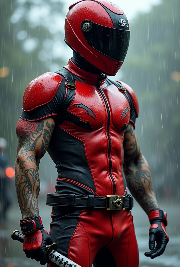 A superhero with a red motorcycle helmet on wearing his own unique red super hero suit with black stripes and cut off sleeves. His arms have many tattoos and he holds a katana made of ink. he is standing in a rainy background