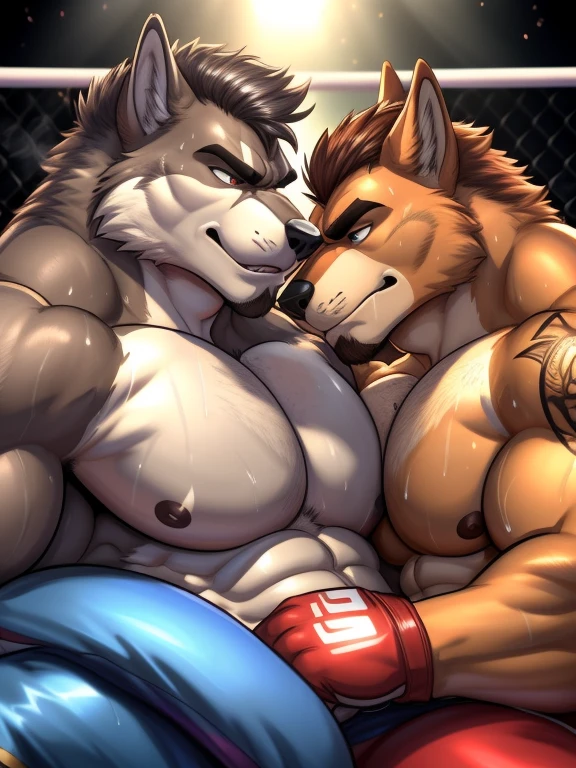 Duo male(Brown Wolf vs Gray Wolf), handsomes(handsome hairstyle, Thick eyebrows, detailed face), gay(Lying down, cuddling, body with body, wrestling at each other, face to face, face close view, on a private bed match), hot(Shirtless), handsomes(They are handsomes, correct anatomy), musculosos(Big muscle bodies, Six packs, muscle abs, big pecs), sweaty(very sweaty wet bodies, shiny sweat), tatuajes(they have tattoos), grumpy(Both have an grumpy expression, grumpy teeths, steaming breath), UFC gloves(They both are wearing UFC gloves), Hight resolution, by(Zourik:1.1)