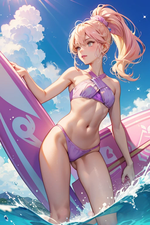 Sandi has light tanned skin with sunscreen smeared above her nose, pale pink lips, and pink cheeks. She wears pale blue eye-shadow and has lilac and yellow eyes. Her blonde hair is slightly wavy and pulled up into a high ponytail held by translucent blue water shapes and a colorful surfboard. Her bangs are parted off-center. She wears a two piece pink bathing suit with gold lining and purple at the middle of the torso, the top having two gold straps while the bottoms have a water design. The shoulders are gold and the neck purple. She also wears translucent water-like sandals with a tiny purple surfboard on the corner of the toe. SPARKLE; GLITTER