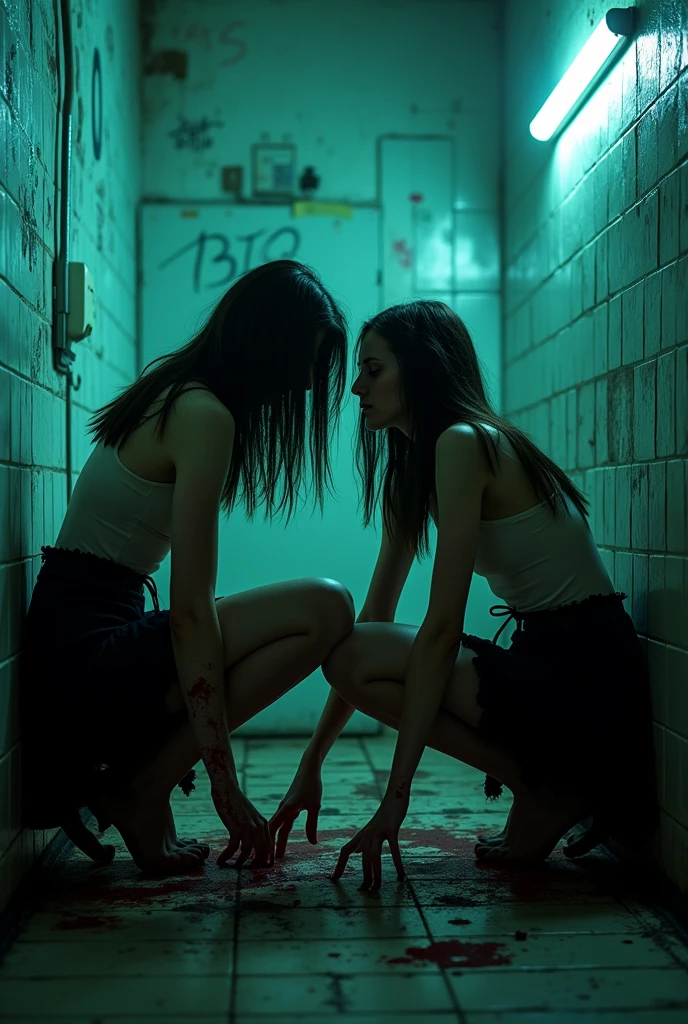 Zombie girls in black skirts, crouching with their backs to the camera, eating a person in the bathroom.