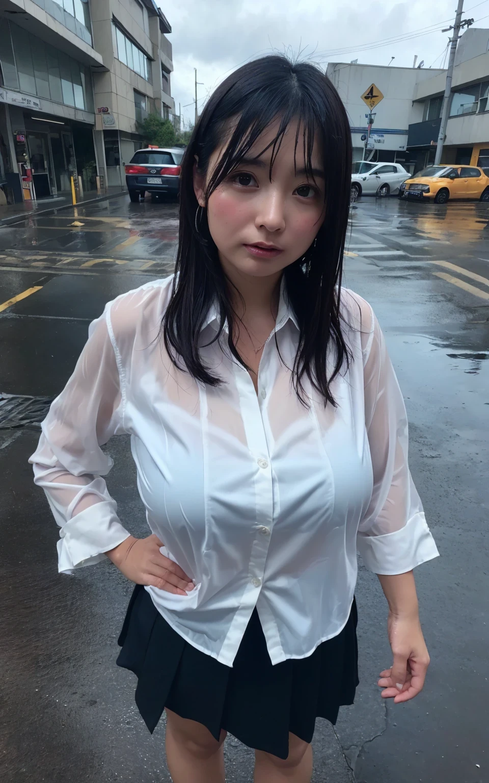 (masterpiece, Highest quality, One milf, Beautiful office lady, Very wet, soaked from heavy rain, Long black hair, Straight hair, White blouse, Dark Skirt,  saggy big breasts:0.3, big hip, big thigh:0.4, Serious expression, Street Background, Detailed Scene, Reflective Puddle, Dark Clouds, heavy rain, realistic rain effect)